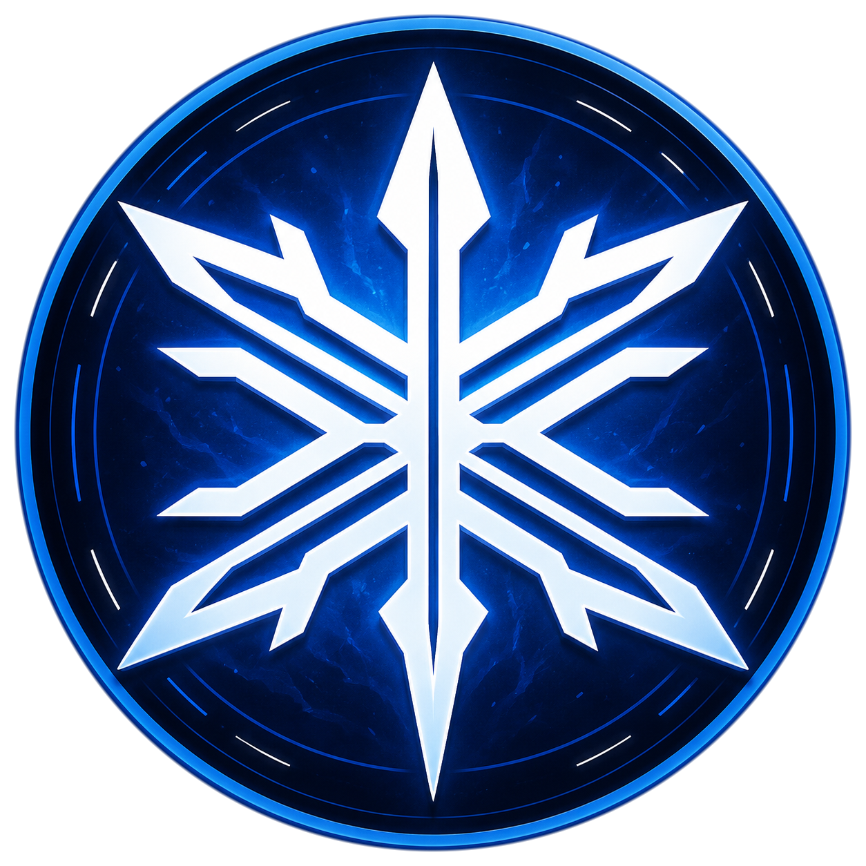 Circular Frostwind crest with an angular white snowflake